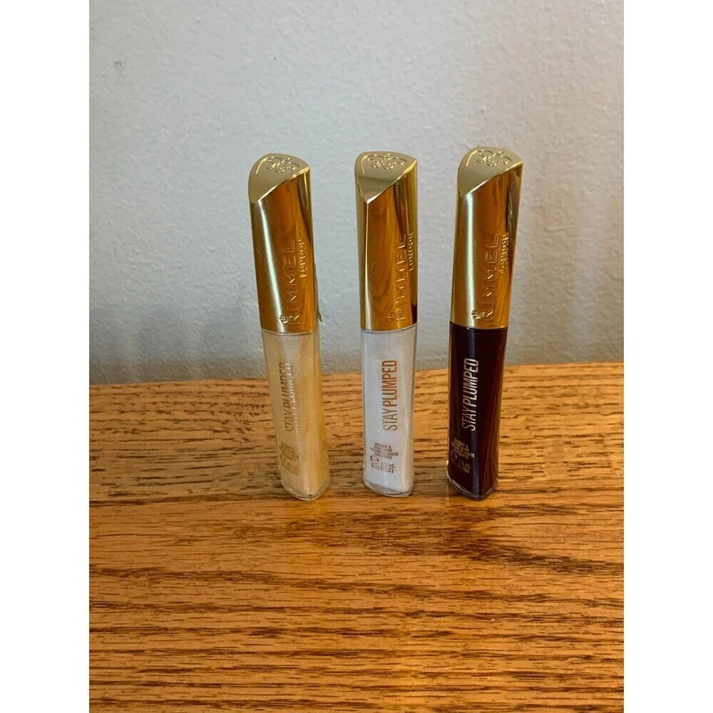 (3) RIMMEL Plumped Lip Gloss 841 Bittersweet Plum 800 Diamond Pop 801 Angel Shim